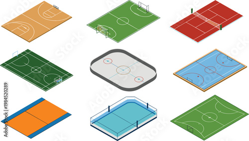 Cartoon vector illustration of sports fields and courts showing basketball soccer tennis hockey volleyball swimming design