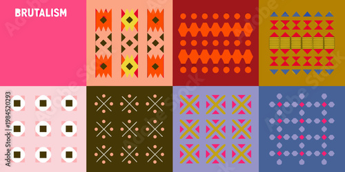 Geometric patterns in a grid of nine colorful panels inspired by textiles
