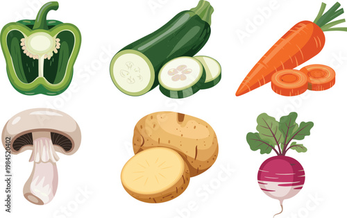 Cartoon vector illustration of vegetables showing carrot potato mushroom zucchini turnip bell pepper healthy food design