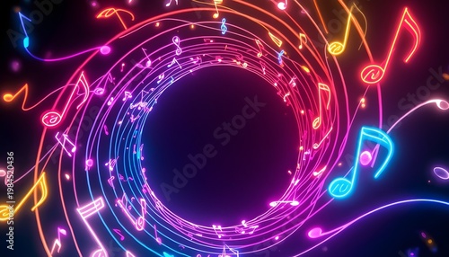 A vibrant and dynamic illustration of colorful musical notes swirling in a circular motion against a dark background