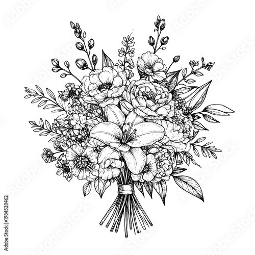 Intricate floral bouquet illustration, monochrome, various flower types tied together