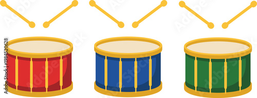Vector illustration of colorful cartoon drums with golden rims and crossed drumsticks representing musical performance