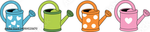 Cartoon vector illustration of watering cans showing colorful gardening tools with decorative heart and polka dot design