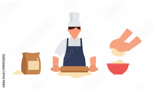Baking process vector illustration with rolling pin dough preparation and flour bag flat bakery cooking concept