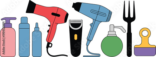 Vector illustration of grooming and hair styling tools including bottles, dryers, clippers, combs, and brushes