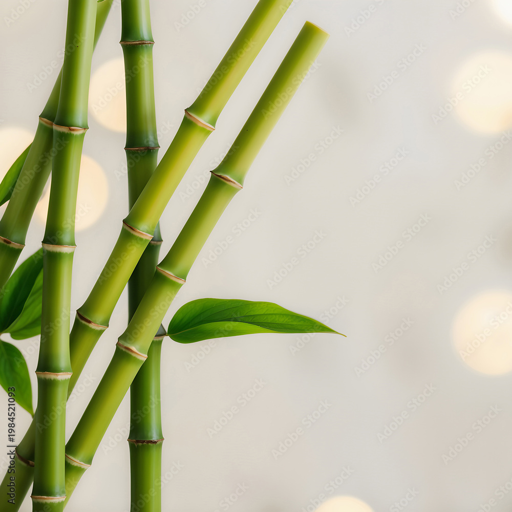 Obraz premium Close-up of green bamboo stalks with leaves and blurred lights in background