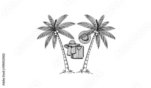 Two palm trees with beachwear and hat hand drawn sketch vector tropical summer product label illustration