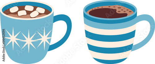 Vector illustration of hot beverages showing marshmallow topped chocolate mug and striped coffee cup design together