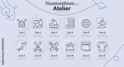 Atelier set icon. Yarn ball, sewing machine, ruler tool, thread spool, button, hanger, needle, scissors, measuring tools, pin cushion, fabric roll, shirt garment line icons