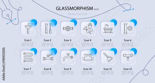 Plumbing sanitary equipment set icon. Line symbols with sink basin, wrench screwdriver tools, pipeline valve, plumber worker holding plunger, bathtub tub, pipe connector, faucet tap, drain cleaner