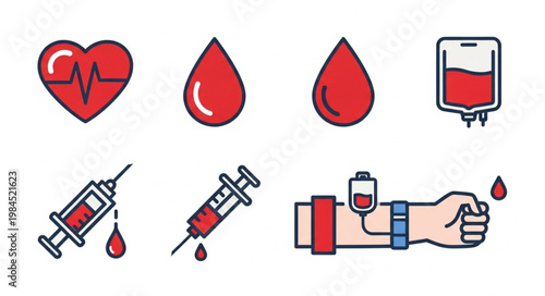 Medical icons representing blood donation and healthcare.