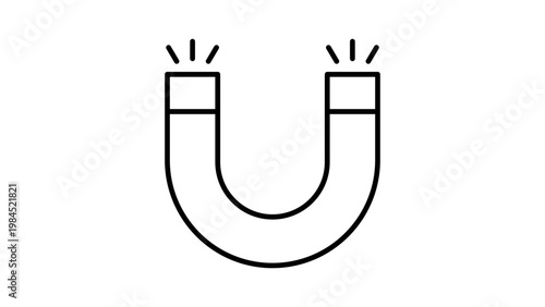 Magnet Marketing Icon: A minimalist black line vector illustration on a white background representing a horseshoe magnet with magnetic field lines. Editable stroke for custom line weight.