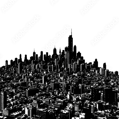 Monochromatic Cityscape Illustration with Towering Skyscrapers and Dense Urban Sprawl.