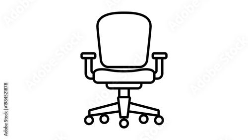 Minimalist black line vector icon of an ergonomic office chair with wheels and armrests, isolated on a white background. Clean outline illustration with editable stroke for modern workspace design.