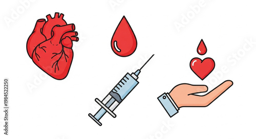 Medical icons representing blood donation and heart health awareness.