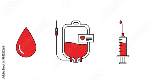 Blood drop bag and syringe medical icons.