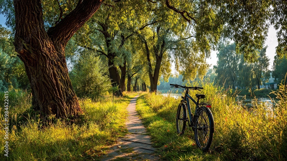 Fototapeta premium A bicycle path paved with green meadow trees on a warm summer day. Relaxation, freedom, children's adventures, healthy travel concept.