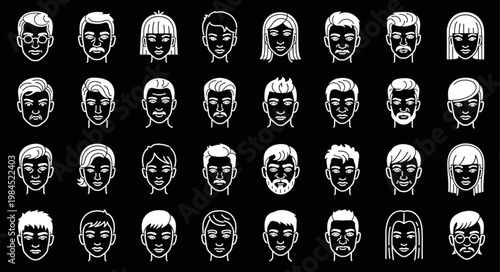 Collection of Diverse Human Faces in White Outline Style.