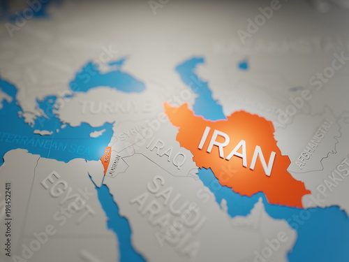 Iran and Israel highlighted in a 3d map of the middle east region.