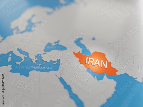 Strait of Hormuz, 3D map of the persian gulf with Iran highlighted.