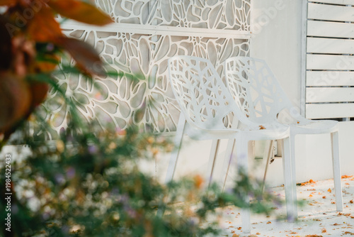 abandon couple white metal and chairs in garden with morning light