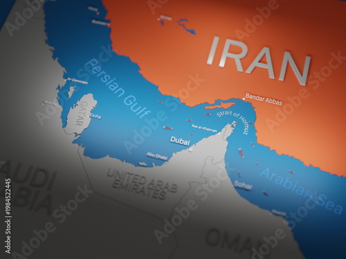 Strait of Hormuz, 3D map of the persian gulf with Iran highlighted.