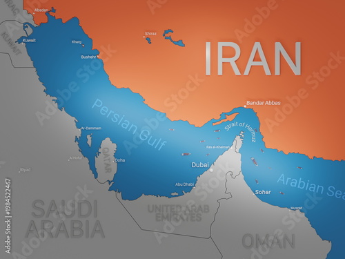 Strait of Hormuz, 3D map of the persian gulf with Iran highlighted.