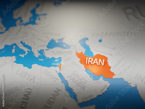 Iran and Israel highlighted in a 3d map of the middle east region.