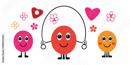 Three smiling characters with a jump rope and floating hearts