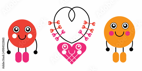 Three cartoon characters with hearts and playful designs celebrate love