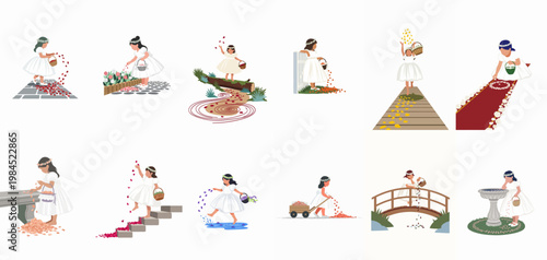 Collection of illustrations featuring flower girls in white dresses tossing colorful flower petals in various outdoor settings.