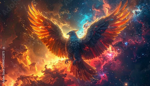 A radiant phoenix ascends amidst swirling cosmic clouds, wings glowing in fiery orange, red, and gold, blending into cool blues and purples, symbolizing rebirth, transformation, and celestial power.