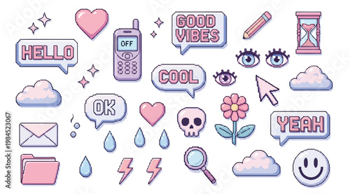 Set of cute pixel art stickers, 90s retro aesthetic elements, pastel colors, digital icons and speech bubbles