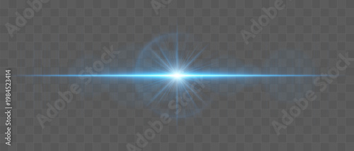 Abstract glowing energy burst with radiant light waves and horizontal beam, lens flare effect with soft diffusion and subtle particles on transparent background