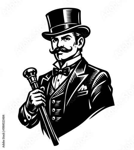 Gentleman with cane in retro outfit. Elegant vintage portrait in line art. Vector black ink illustration, luxury and style concept for branding.