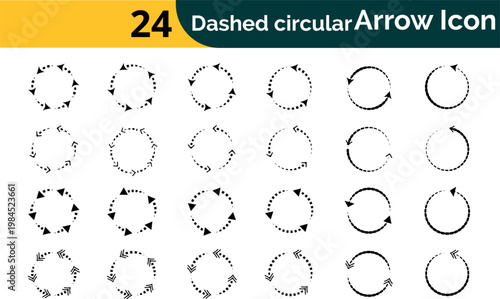 Dashed circular arrow collection with triangular pointers for data processing sequence rotation progress and cyclical stages vector graphic design elements isolated on transparent background grid.