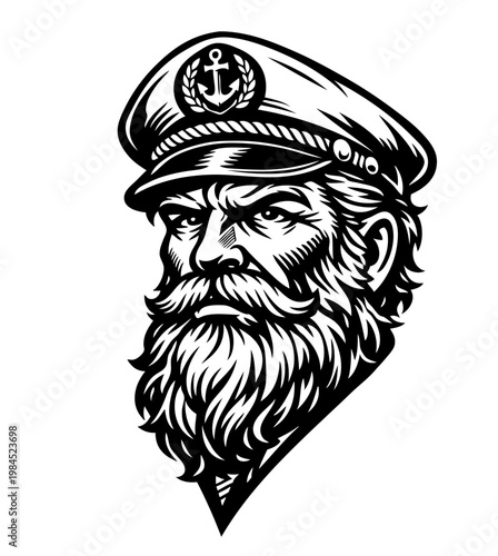 Bearded sea captain in vintage engraving style. Detailed portrait with hat and stern expression. Vector black ink illustration, maritime authority concept for logos, tattoos or branding.