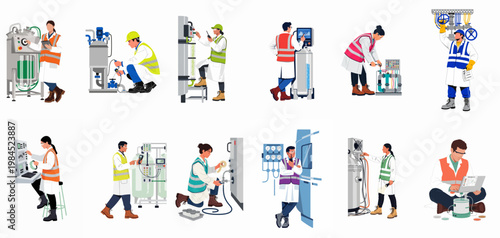 Collection of diverse industrial workers and engineers in lab coats and safety vests operating machinery and monitoring processes in a technical facility.