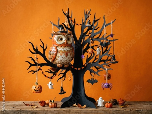 Halloween tabletop display with owl pumpkins and spooky hanging ornaments.