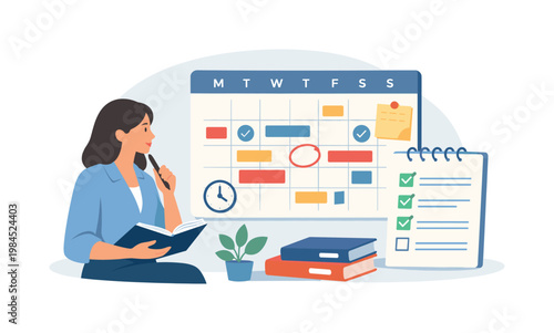 Task planning and organization scenario where a professional structures upcoming activities and priorities to achieve goals in a productive workflow, symbolized by a