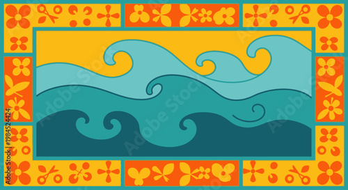 Stylized Ocean Waves with Floral Border on a Yellow Background