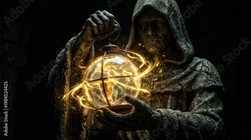 Hooded Stone Statue Holding Glowing Golden Orb of Power.