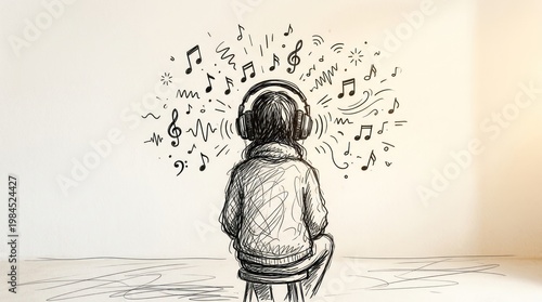 Young person sitting with headphones listening to music in a hand drawn sketch.