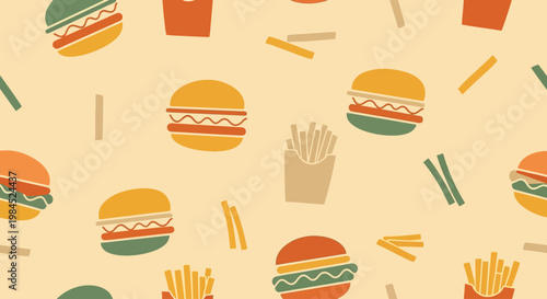A delightful and whimsical pattern featuring classic fast food items like burgers and fries, rendered in a charming retro style