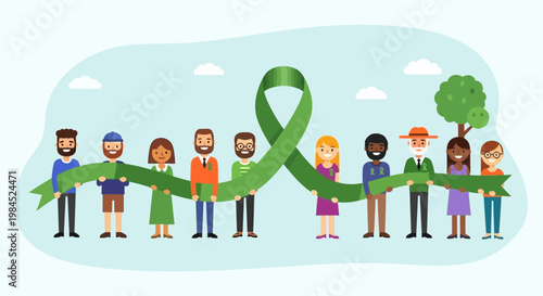 Diverse group of people hold a green ribbon, symbolizing unity and awareness for environmental causes or health campaigns