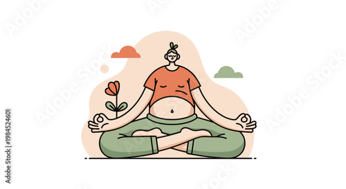 Person practicing yoga and meditation in a serene setting, representing mindfulness and well-being. A single flower blooms nearby, symbolizing growth and tranquility