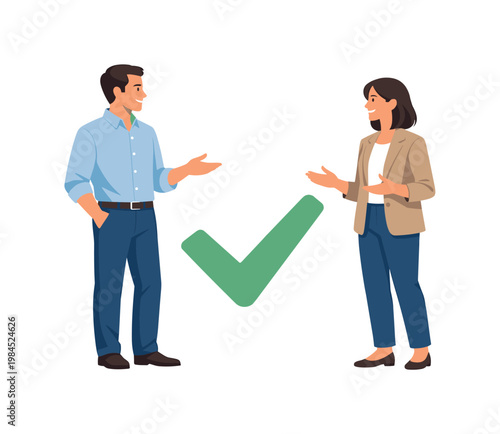 A collaborative decision reached through discussion and shared understanding, illustrated by two individuals standing beside a simple checkmark element while facing each