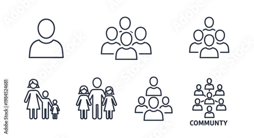 Collection of Simple Line Art Icons Representing People and Groups.