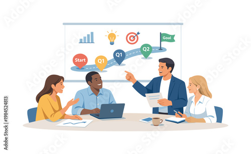 A collaborative strategy session where a team aligns marketing goals and creative direction, reflecting teamwork, planning, and coordinated execution in modern business