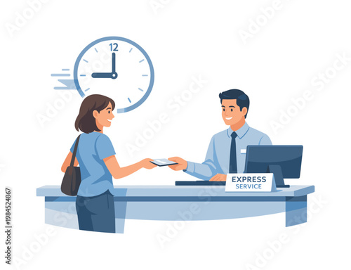 A customer receiving express service at a counter with minimal waiting time, illustrating convenience, responsiveness, and improved customer experience in a business